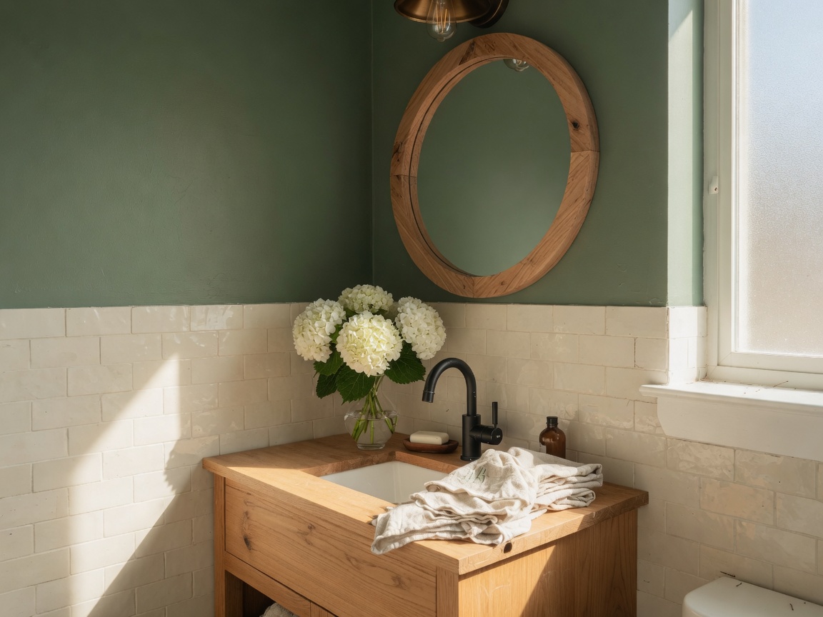 Bathroom update with oak vanity, cream tile, and forest-green walls in Battle Ground, Washington