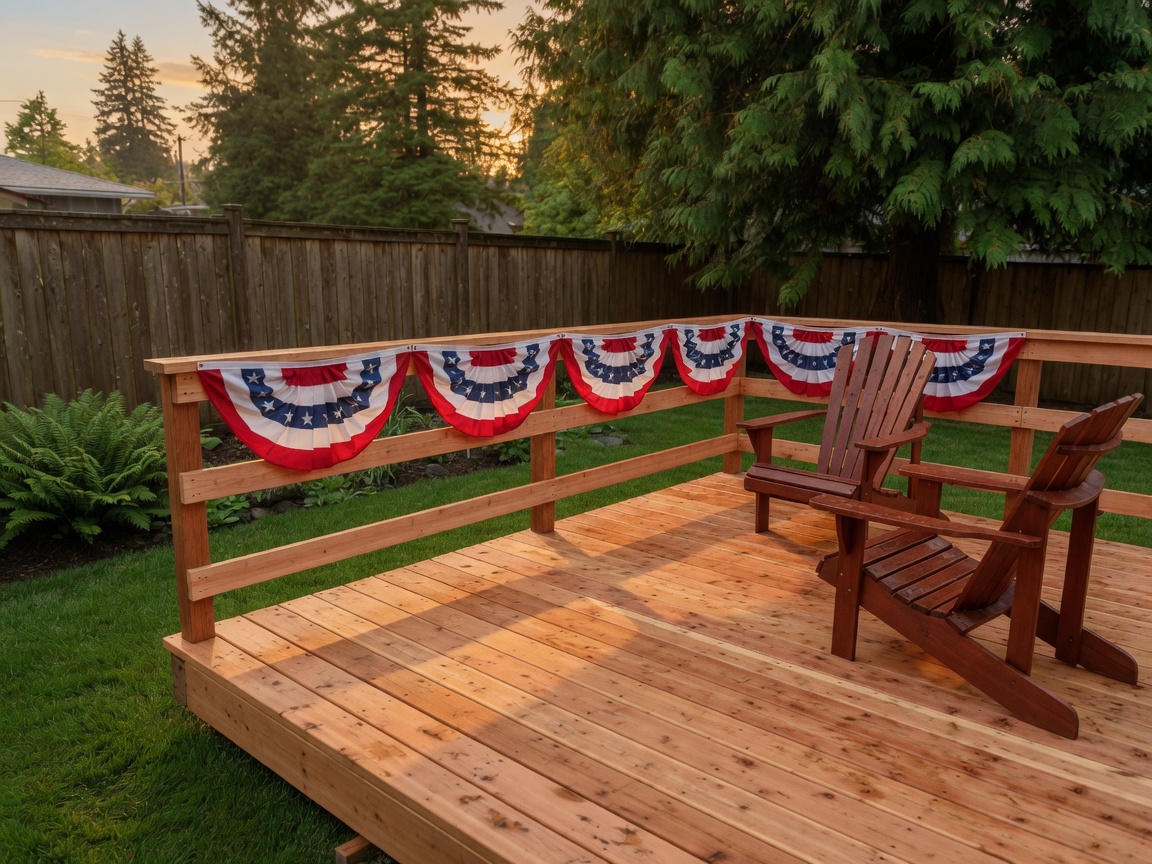 New cedar deck and rail with red-white-blue bunting in a Vancouver, Washington backyard on a summer evening
