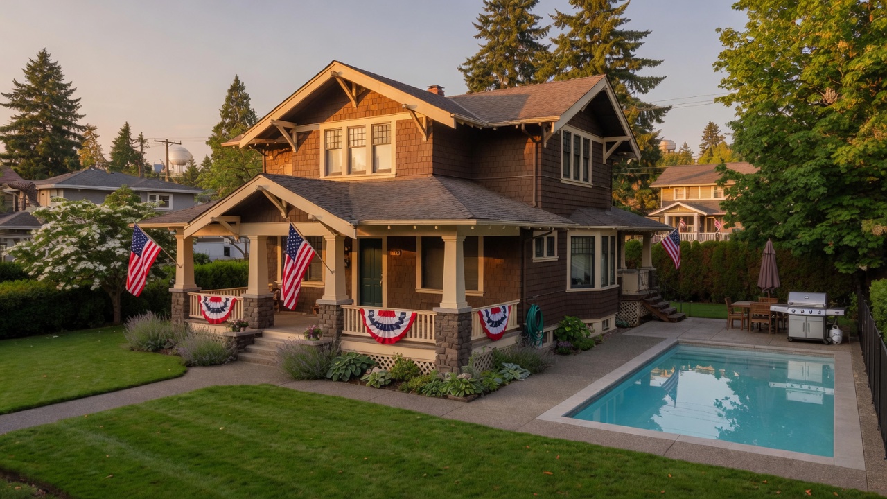 Craftsman home in Clark County decorated for the 4th of July with American flags, red-white-blue bunting, a swimming pool and BBQ in the backyard under summer light