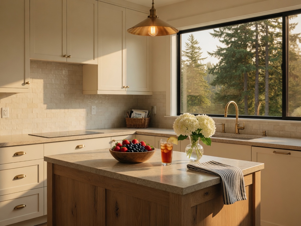 Summer light in a cream shaker kitchen with a white-oak island and fir trees outside a Camas, Washington window