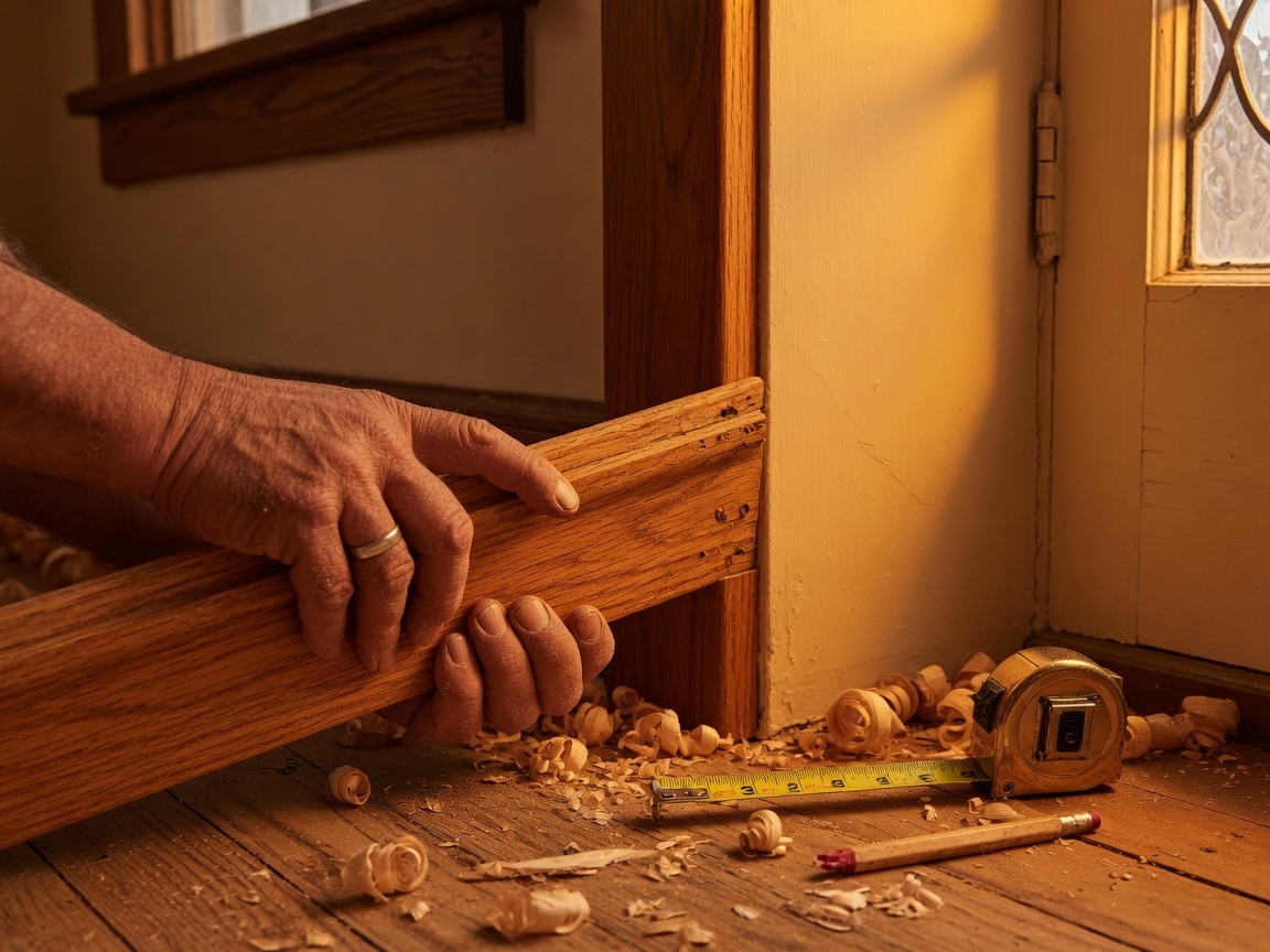 Craftsman’s hands fitting oak trim in a Clark County home