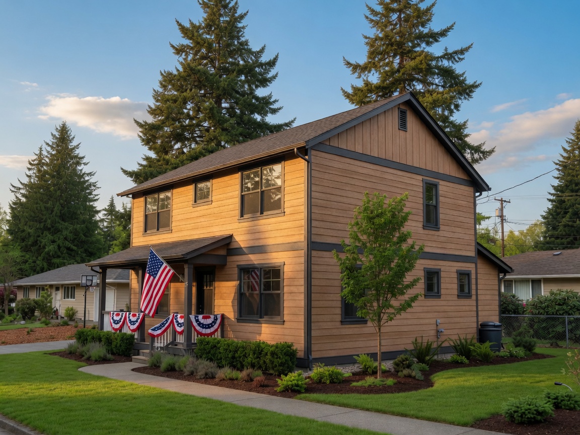 Two-story Ridgefield, Washington home with new warm cedar-tone siding, summer light, American flags, and red-white-blue bunting